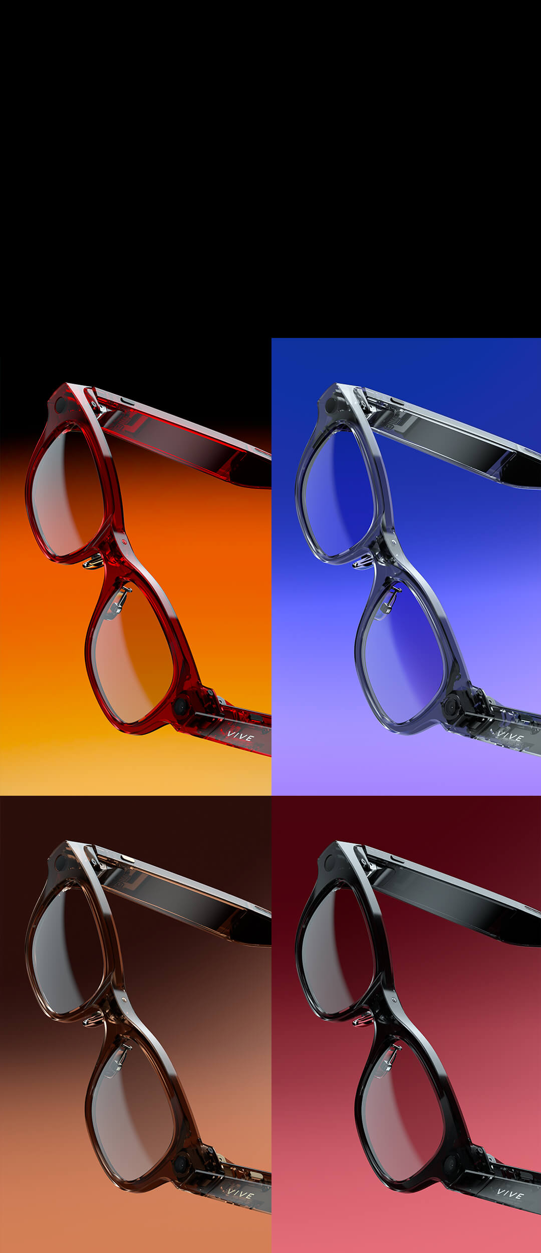 HTC VIVE's AI glasses, VIVE Eagle's four colors side-by-side, including berry, grey, coffee, and black, showcasing it's sleek design, AI button, and more.